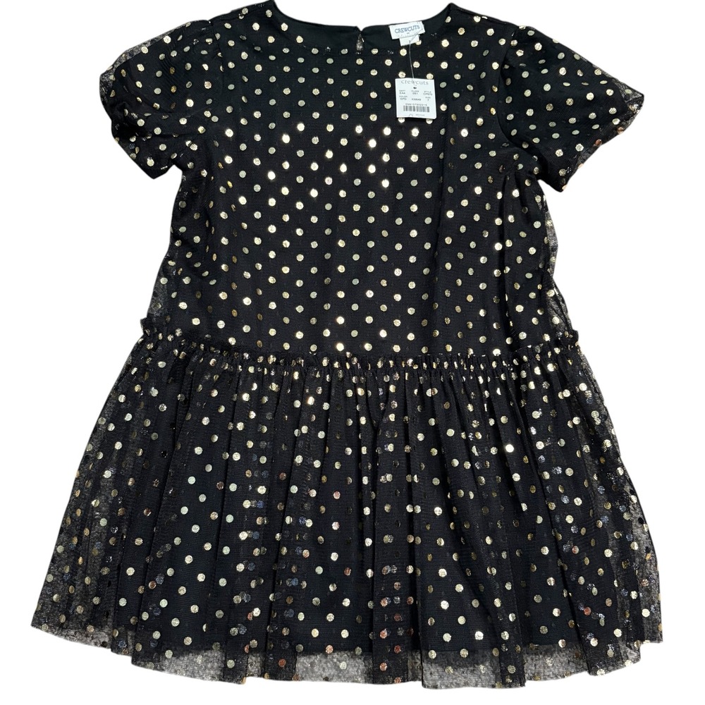 Crewcuts Dress Girl 7 NWT Black Gold Polka Dot Tulle Short Sleeve Holiday Party